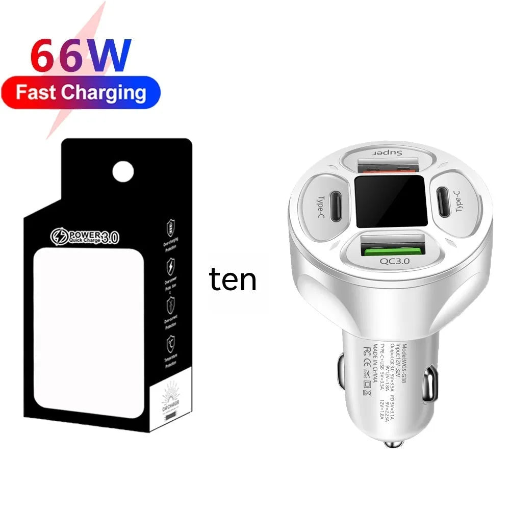 66W black digital display car charger with two USB ports and two Type-C ports