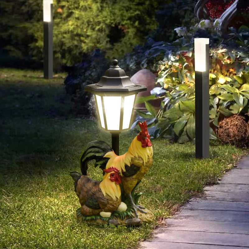 Decorative hexagonal solar garden lamp with animal sculpture design on patio.