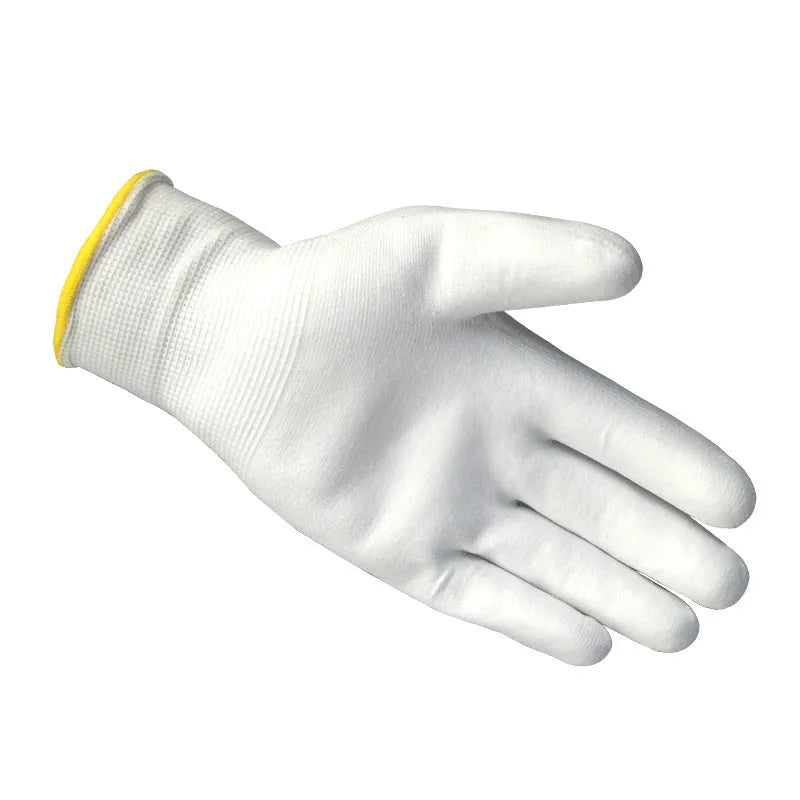 White PU coated labour gloves showing the long 24 cm cuff, available in M and L sizes.