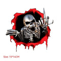 Colourful reflective metal skull bumper sticker on white background, measuring 15cm by 14cm.