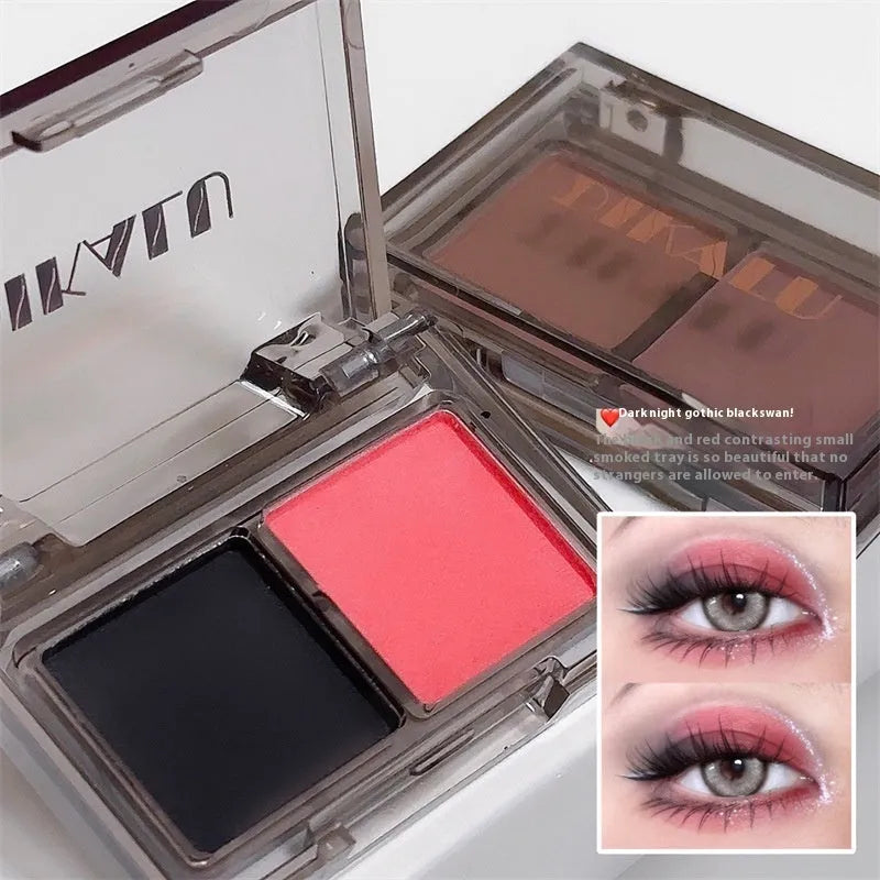 Two-tone eyeshadow palette showing pink and black matte shimmer powder in compact with five colour set options