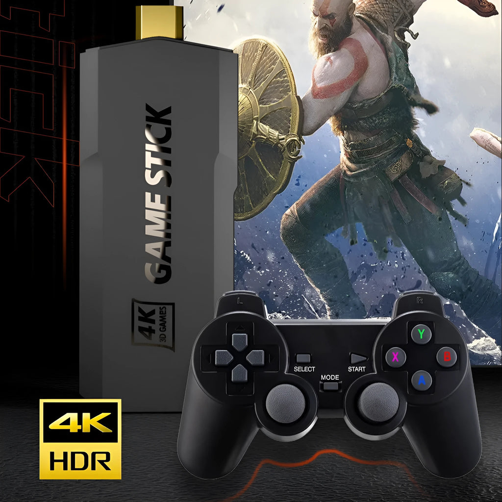 HD home TV game console with gaming handle, showing HDMI port and compact ABS design