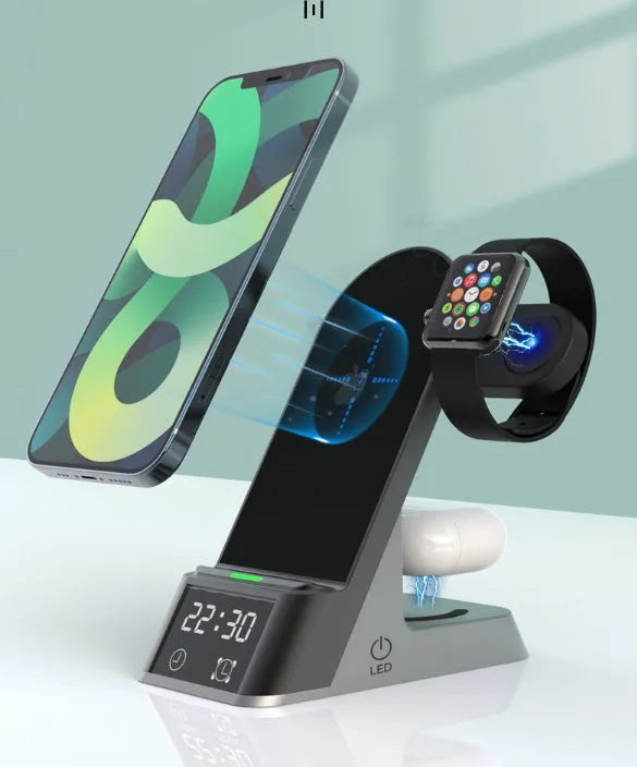 Black multifunctional wireless charging alarm clock with spots for phone, Apple Watch, and earphones.