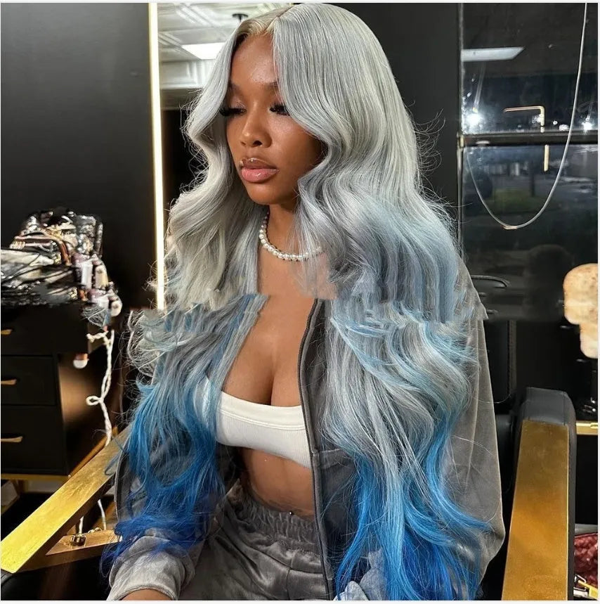 Grey blue gradient human hair lace front wig with 4x4 closure shown at 22 inch length