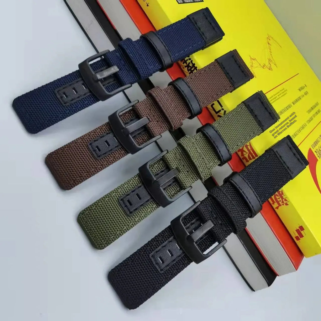Oxford cloth canvas watch strap in multiple colour and size options on a watch case.