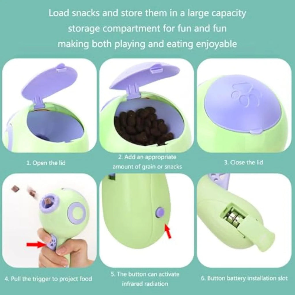 Green dog treat launcher toy measuring 15.5cm with anti-leak design for interactive play