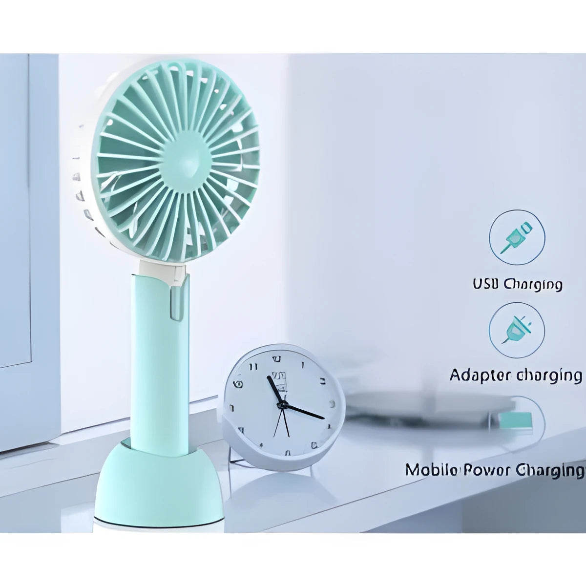 Blue handheld mini desktop USB electric fan with three speed settings and quiet operation