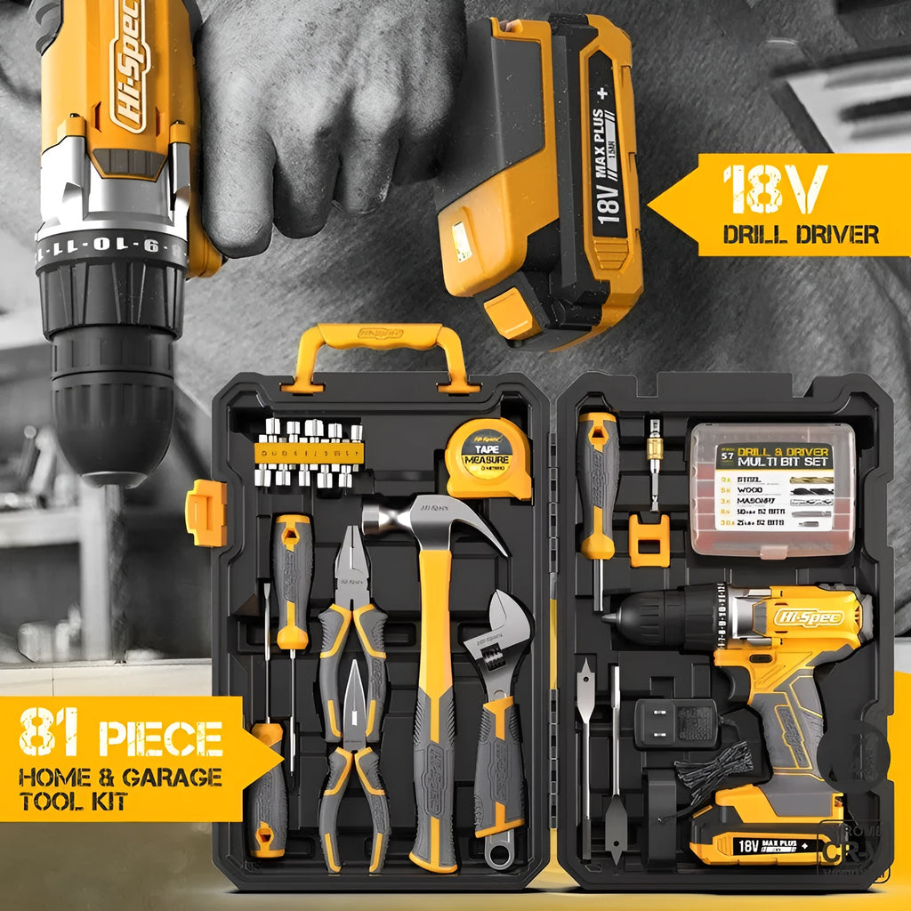 Grey yellow US style tool combo set with 82 chrome-vanadium steel pieces for furniture installation