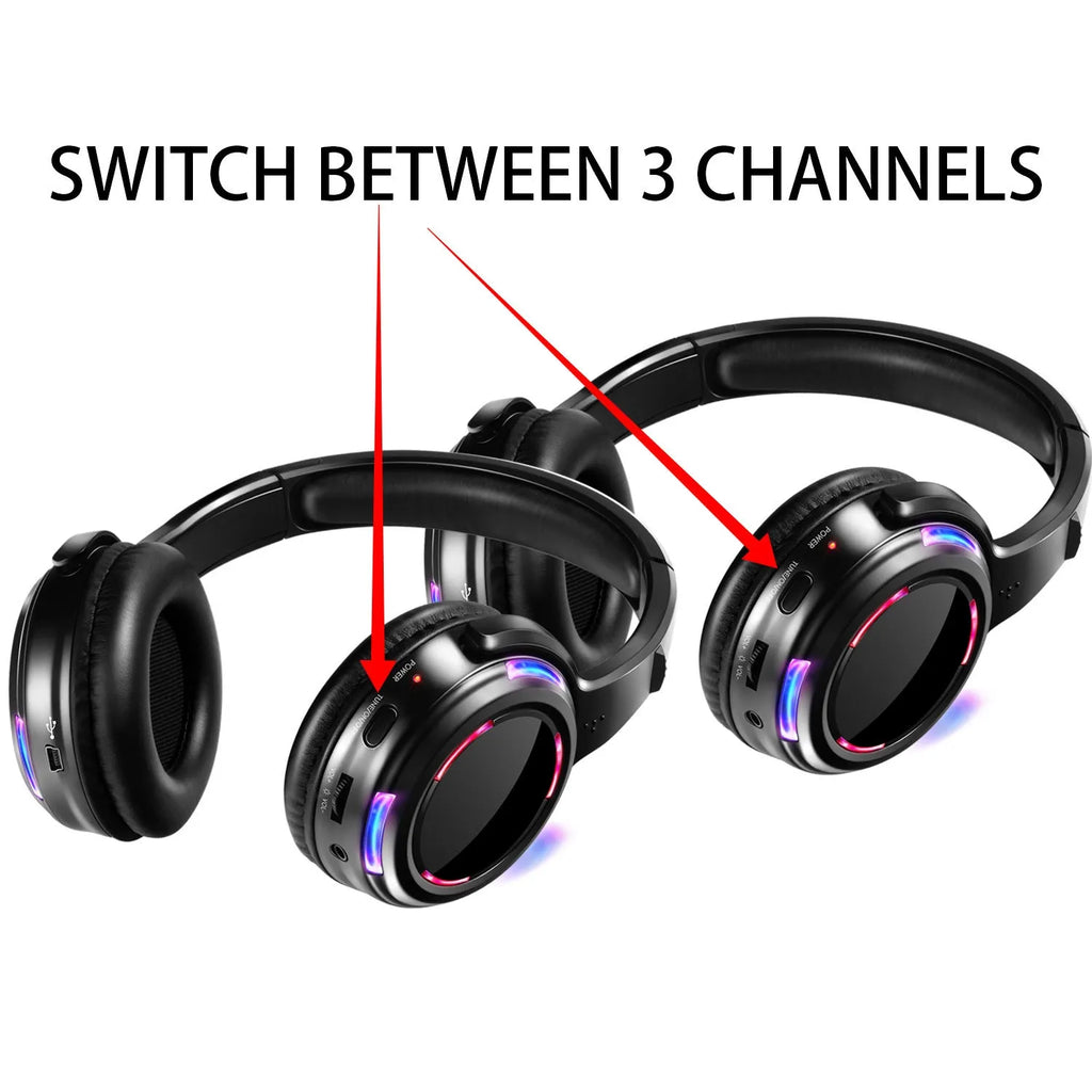 Black over-ear silent disco headphones with 3 metre cable and rechargeable battery for wireless party events