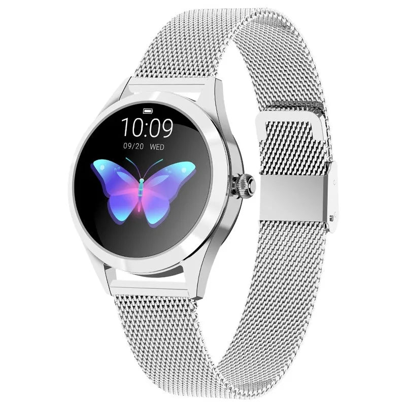 Women's sports smartwatch showing heart rate monitoring and available in four colours