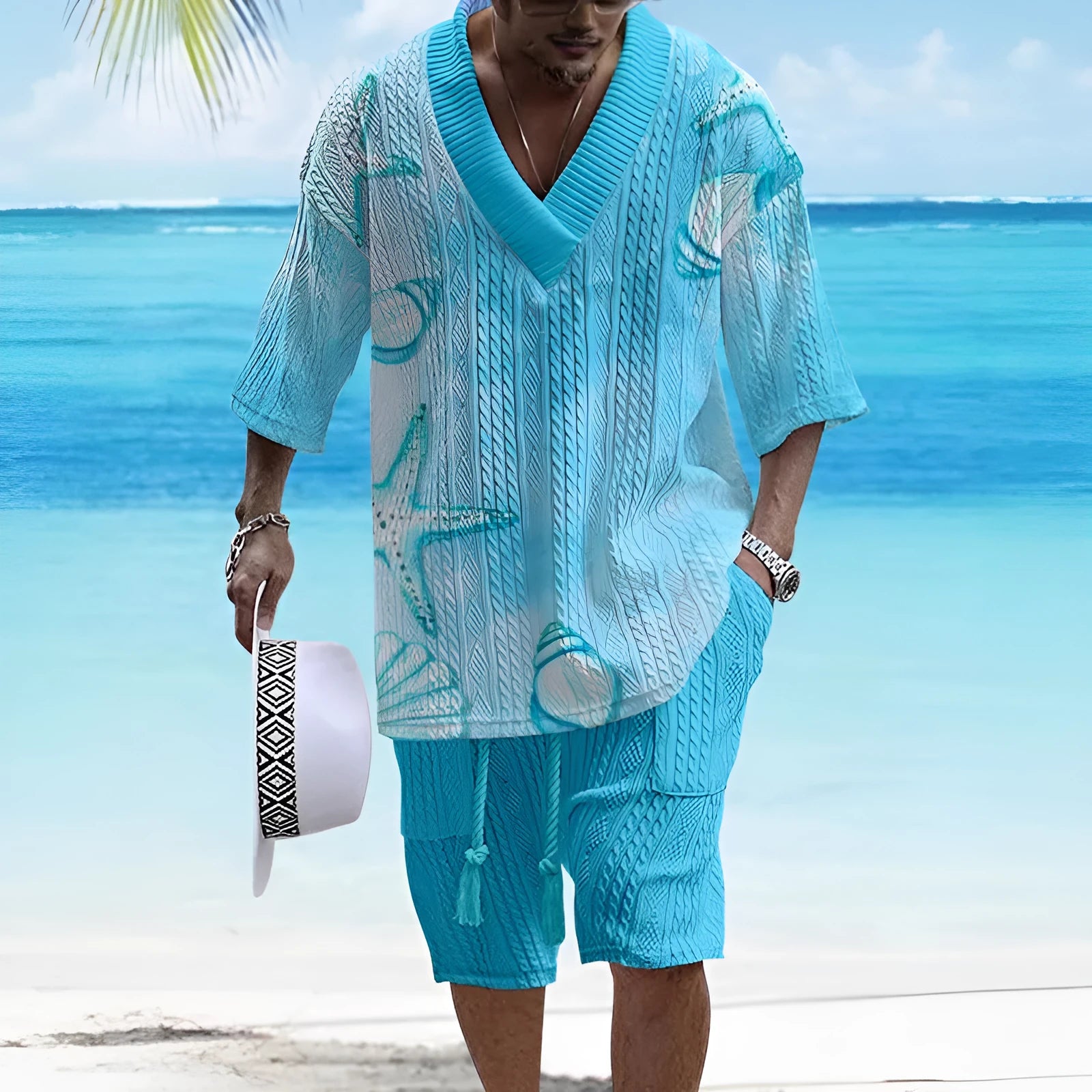 Men's loose casual short sleeve suit with matching shorts in polyester fibre