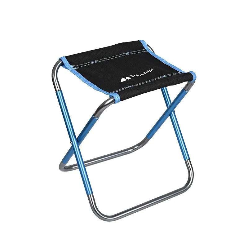 Black aluminium alloy folding stool with ethnic style pattern, shown in folded and unfolded positions