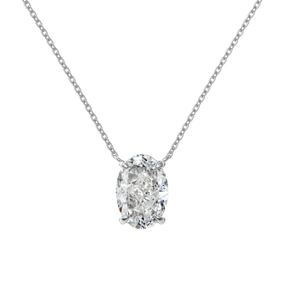 S925 sterling silver necklace with a geometric oval ice flower pendant, shown in gold and platinum finishes.