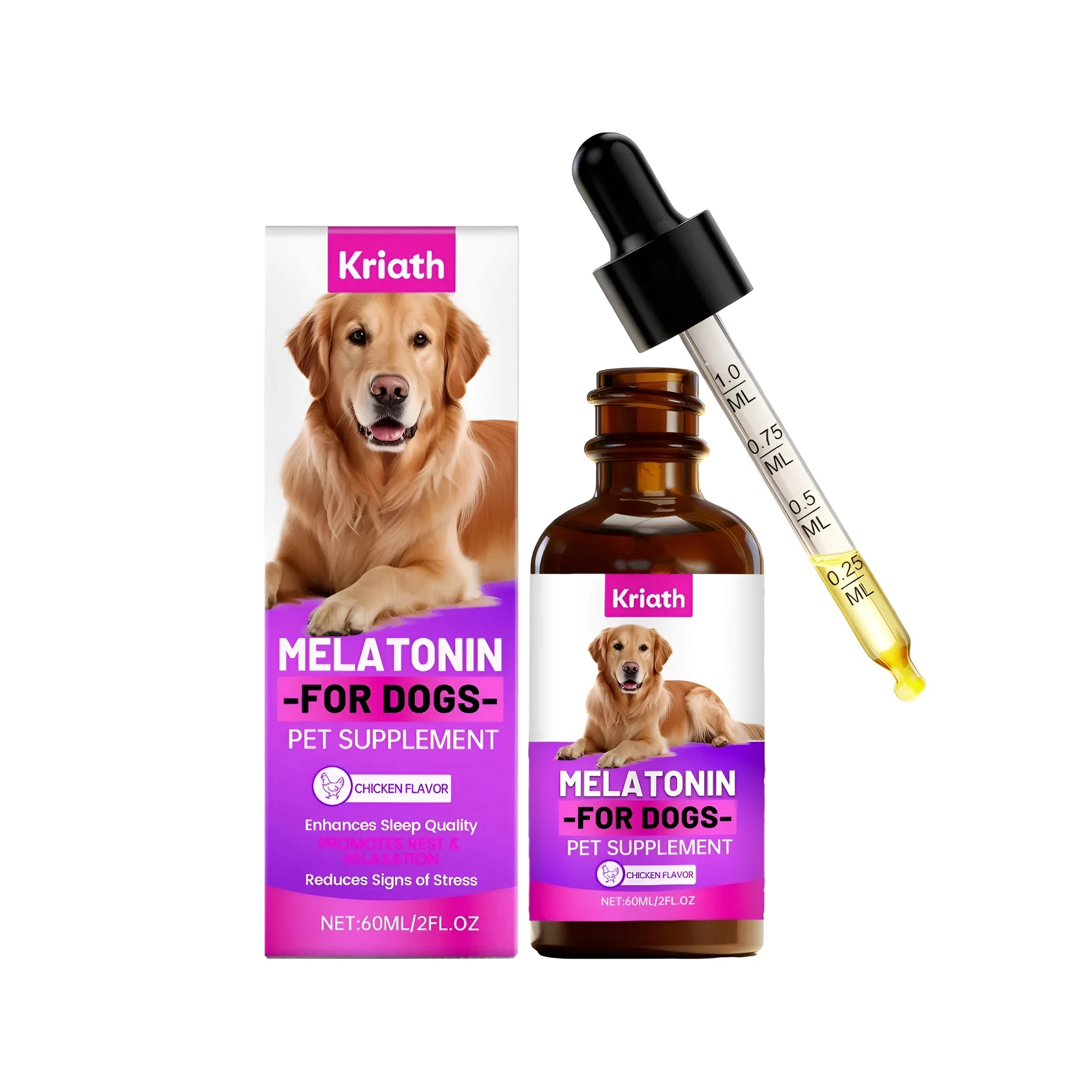Melatonin For Dogs calming liquid supplement in 60ml bottle with chicken flavour, active ingredients list