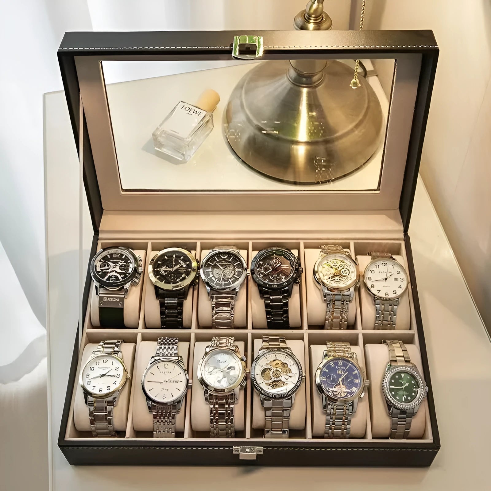 Grey high-grade leather watch storage box with dustproof see-through lid, 10-bit capacity