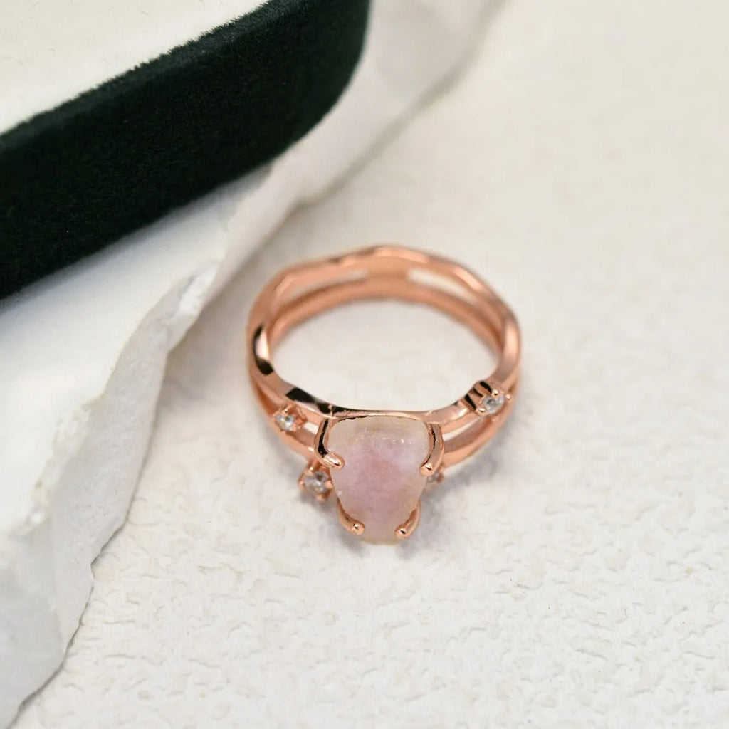 S925 sterling silver geometric triangle ring with moonstone centrepiece in rose gold electroplated finish