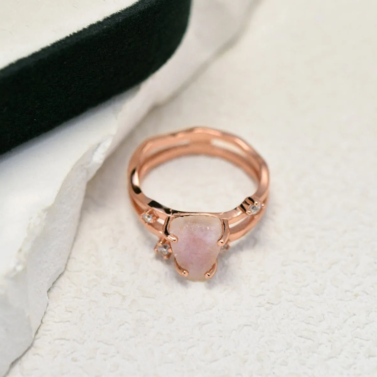 S925 sterling silver geometric triangle ring with moonstone centrepiece in rose gold electroplated finish