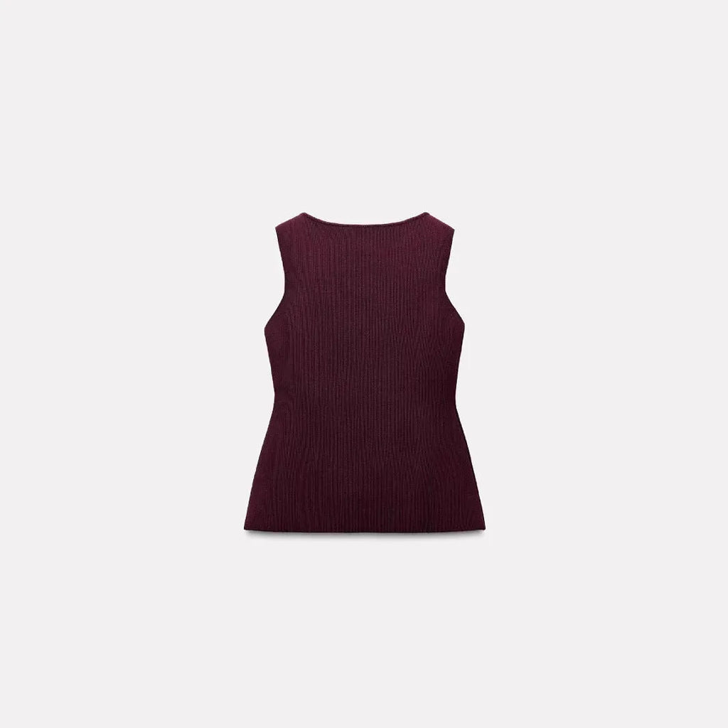 Slim fit dark red viscose sleeveless cardigan vest with gold buttons on a mannequin.