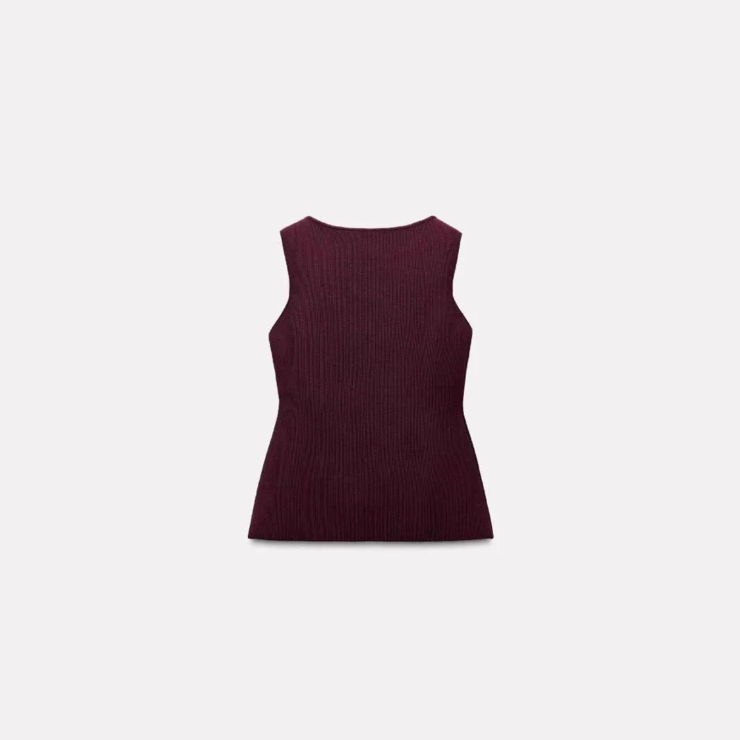 Slim fit dark red viscose sleeveless cardigan vest with gold buttons on a mannequin.
