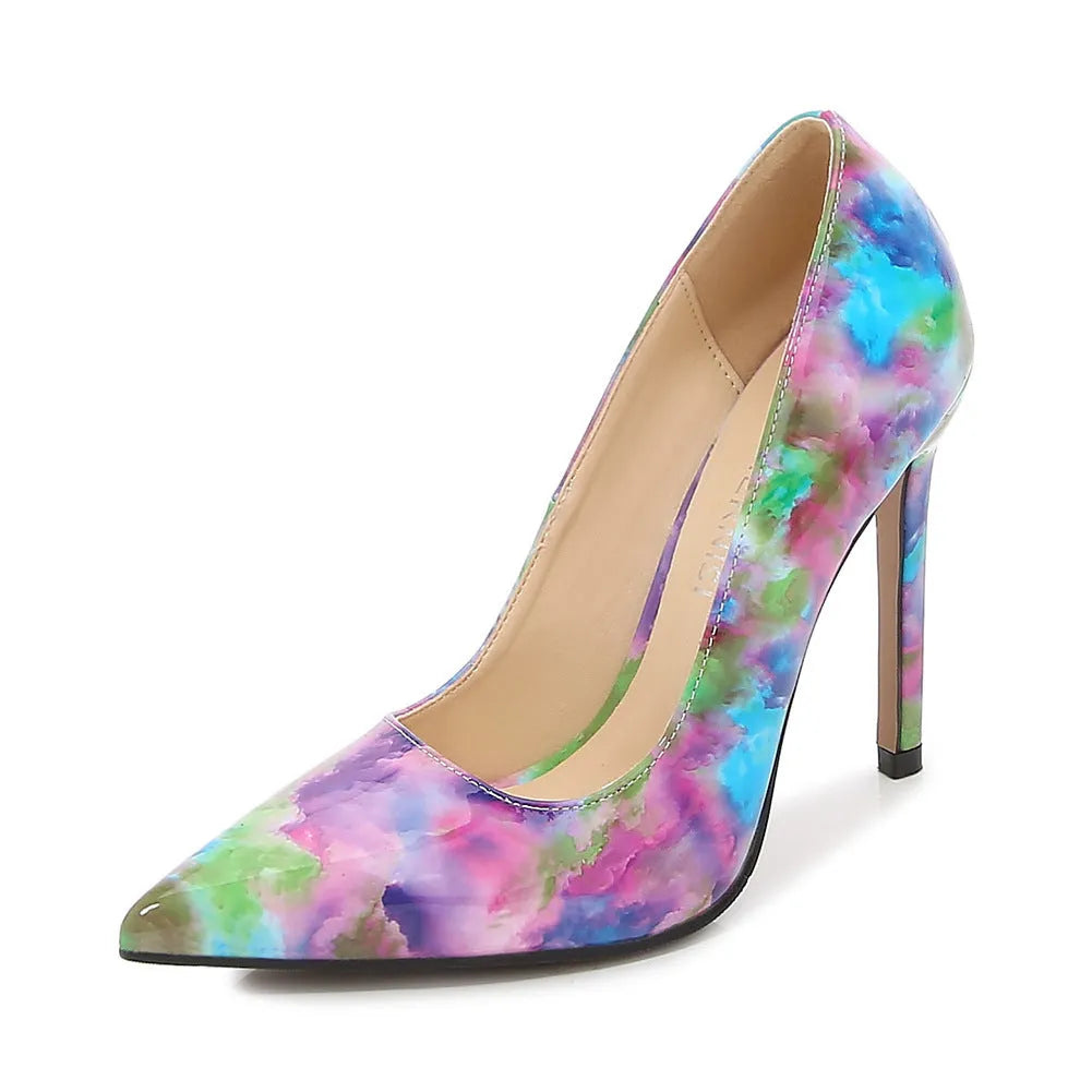 Green pointed high heels with floral cloth detail and super high heel above 8cm