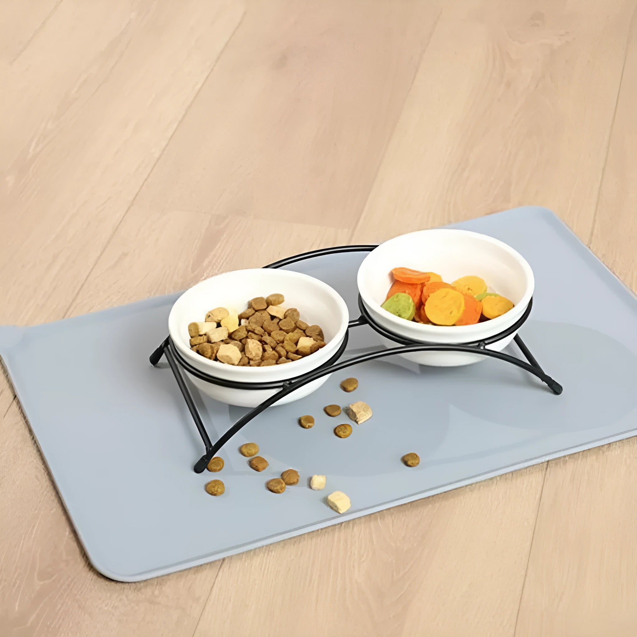 Silicone pet placemat with dog's paw design in gray, for cat and dog food bowls
