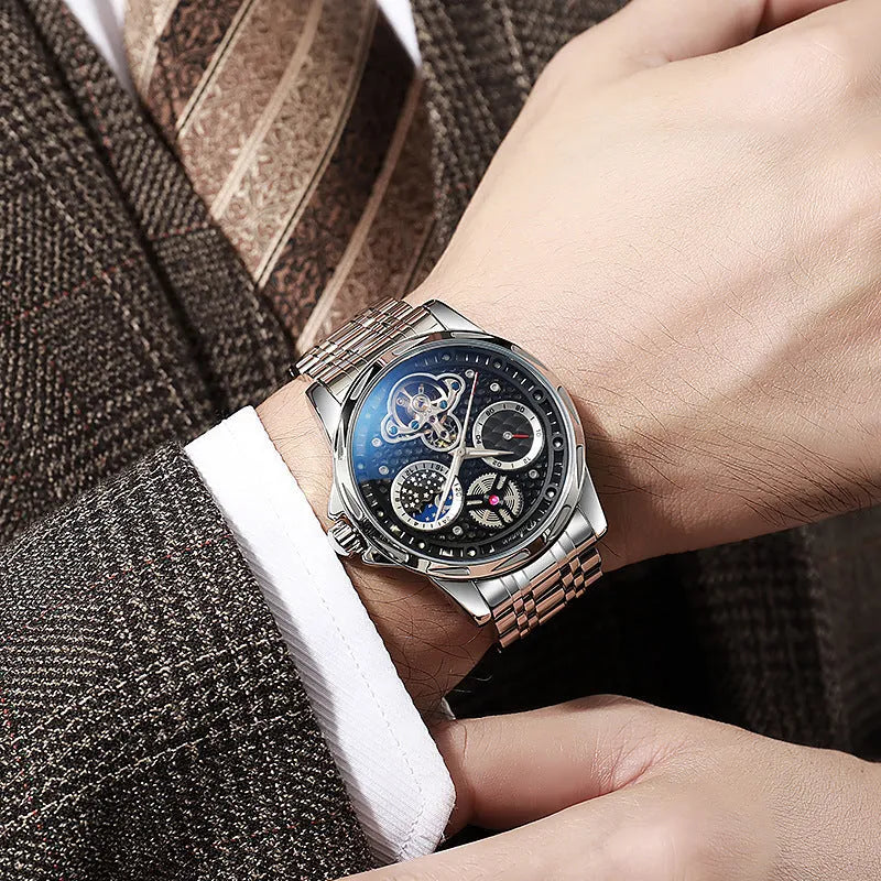 Men's automatic business watch with luminous hands, waterproof case, and choice of steel or leather bracelet