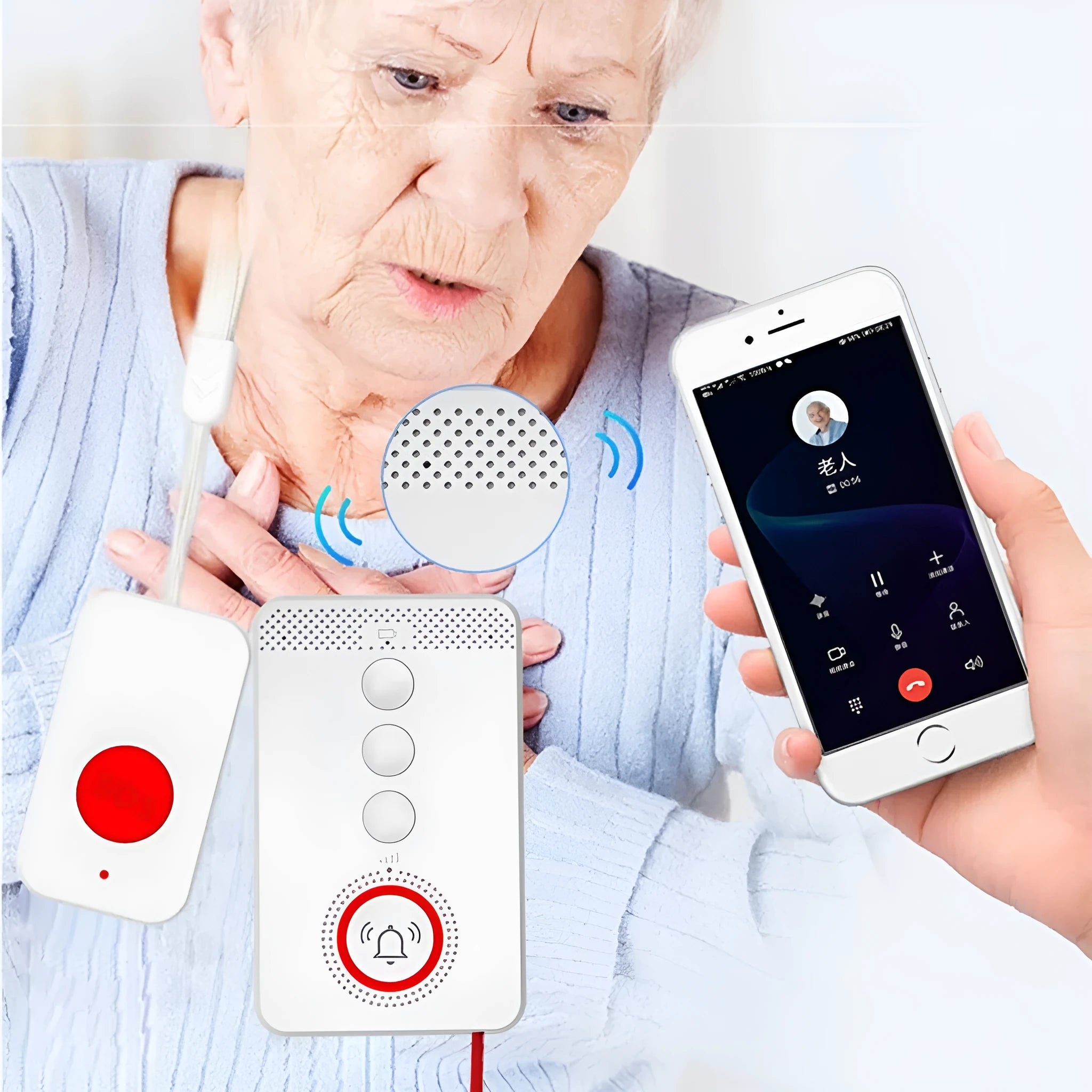 White elderly emergency alert device with buzzer unit and three wireless emergency buttons