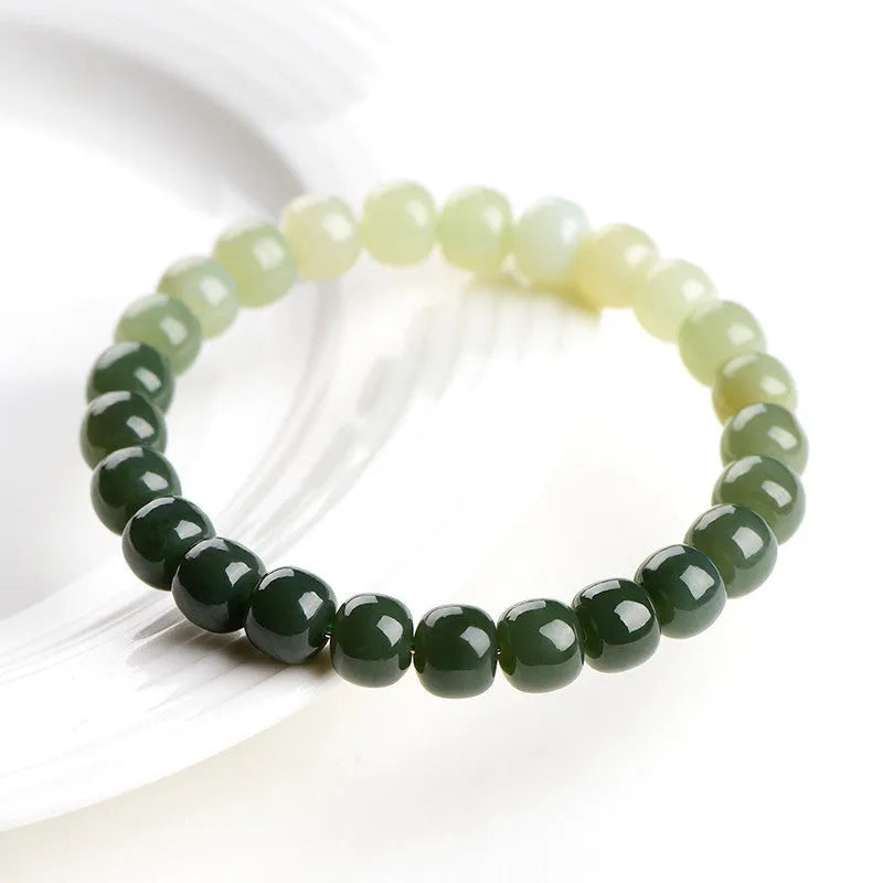Natural Hetian jade bracelet with polished gradient clear water beads in unisex casual style