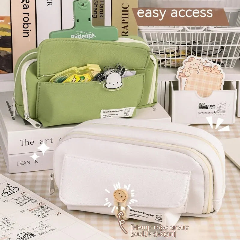 Korean-style canvas pencil case with button closure storing approximately 80 pens