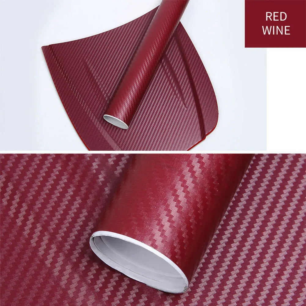 Roll of 3D carbon fiber car decoration sticker showing textured surface in multiple colour options
