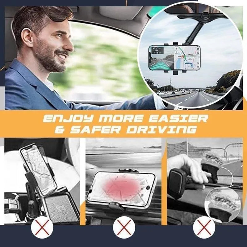 Black rearview mirror car phone holder showing 360-degree rotation and retractable arm extended.