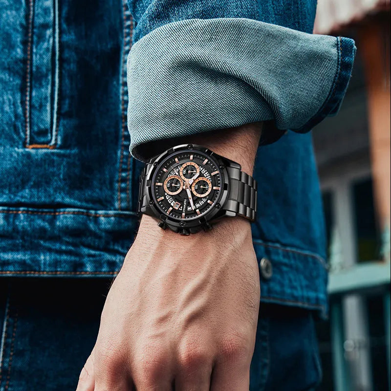 Men's waterproof quartz watch with luminous dial and stainless steel belt in casual style