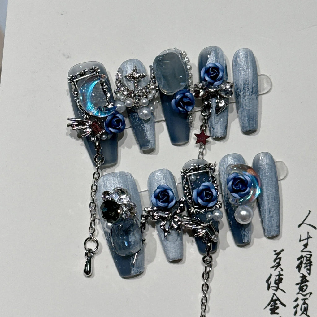 Heavy industry blue evening manicure set with ornate rose pattern and plastic armour suit
