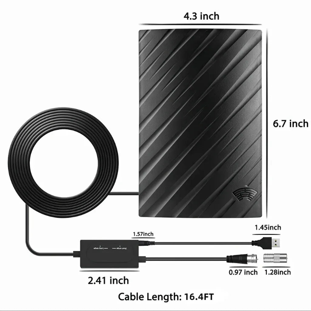 Black plastic HD digital television antenna with mounting accessories including expansion tubes and screws