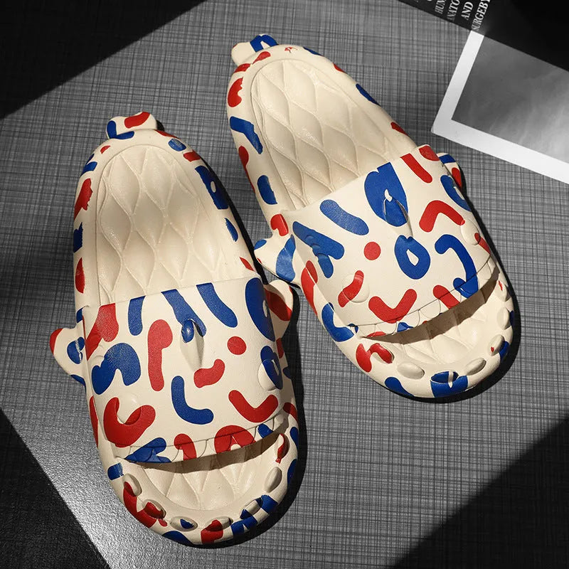 Cute shark graphic EVA open-toe home slippers for adults on a white background.