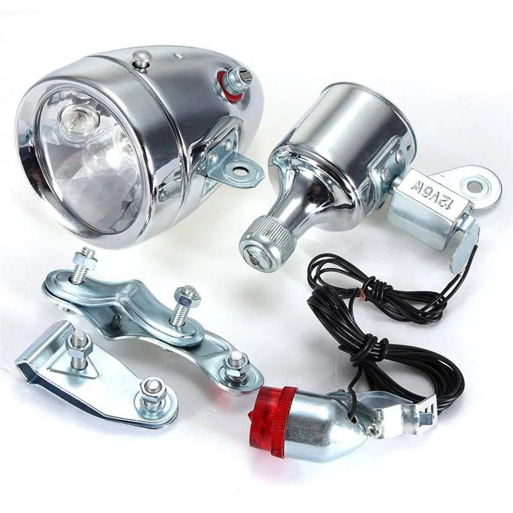Silver bicycle generator light modification kit with dynamo-powered 12V and 6V voltage suits