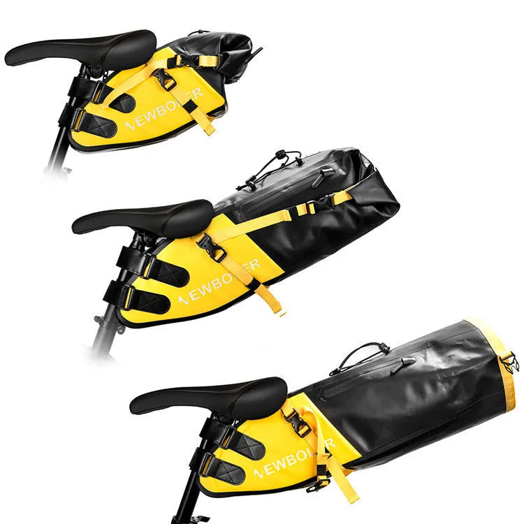 Yellow waterproof PVC cycling tail bag mounted on a bike saddle showing 13L capacity