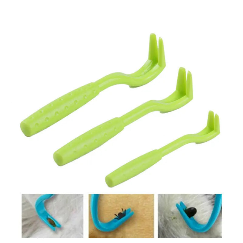 Three plastic tick removal hooks for pet grooming in blue and green colours