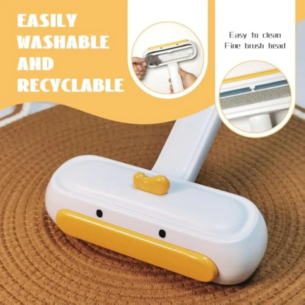 Yellow duck portable pet hair remover with plastic body and bristle brush for removing pet fur