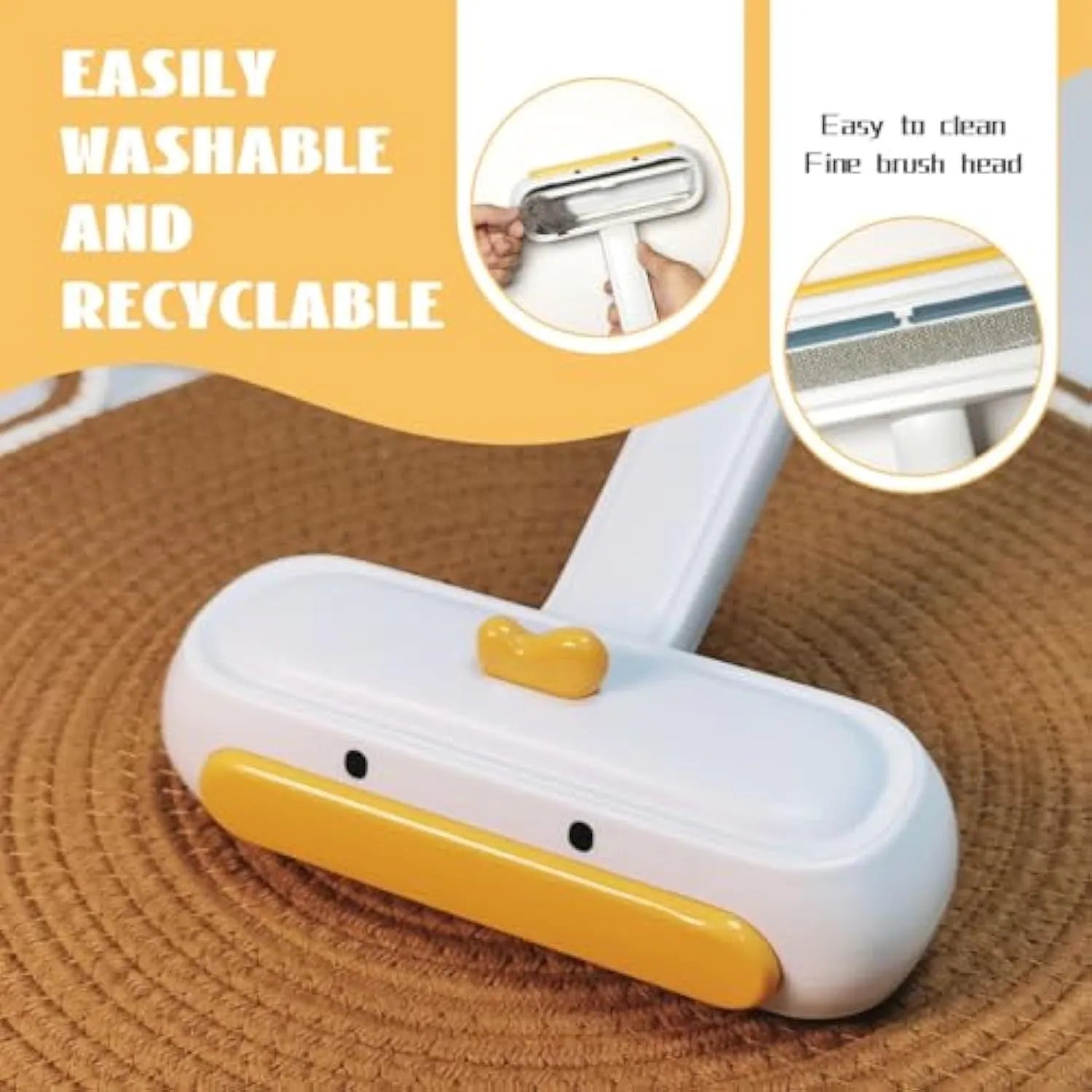 Yellow duck portable pet hair remover with plastic body and bristle brush for removing pet fur