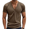Men's loose fit V-neck pullover top with button design in chemical fibre blend fabric