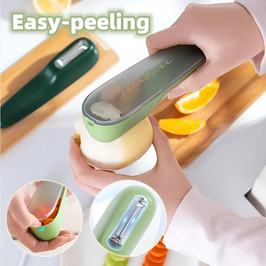20cm kitchen vegetable peeler with storage tube, stainless steel blade, non-slip handle, and hanging hole