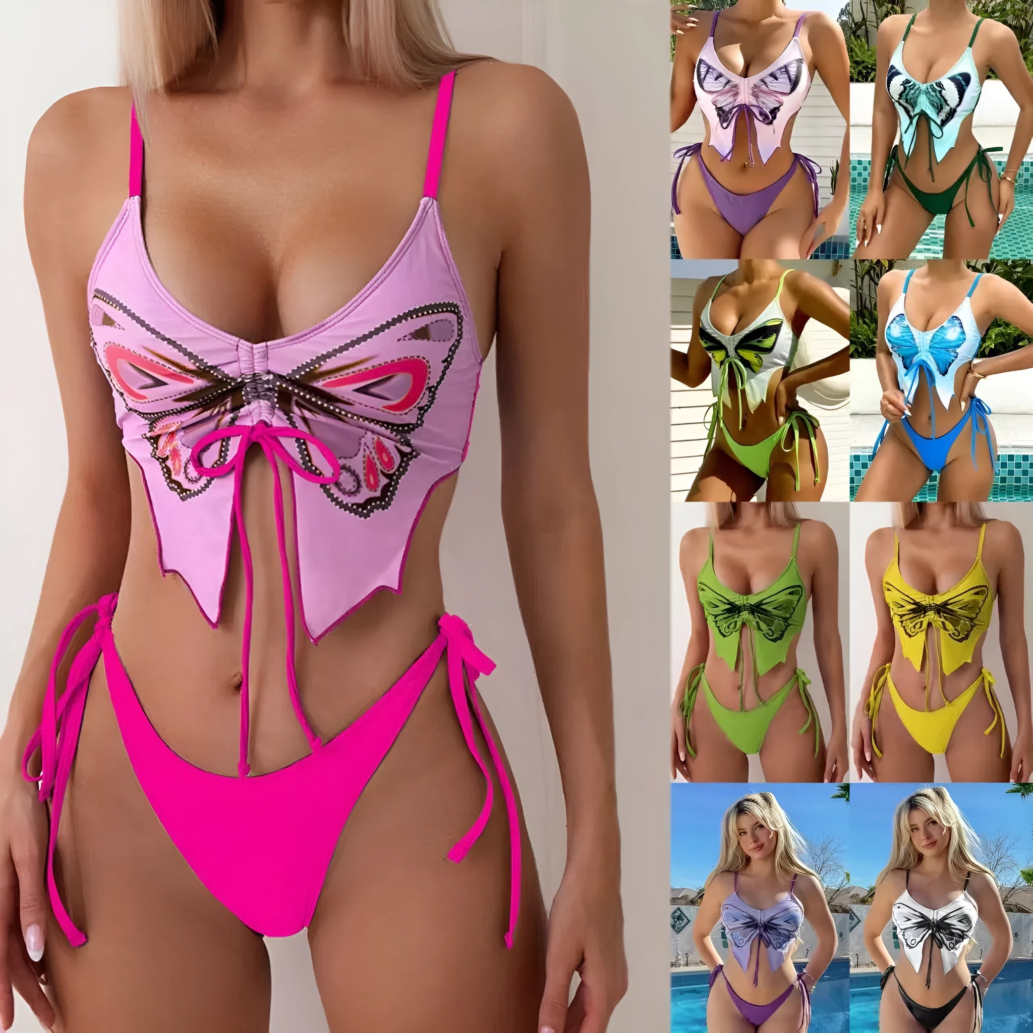 Purple women's bikini suit with bow ins style detail, showing sleeveless top and high-leg briefs.