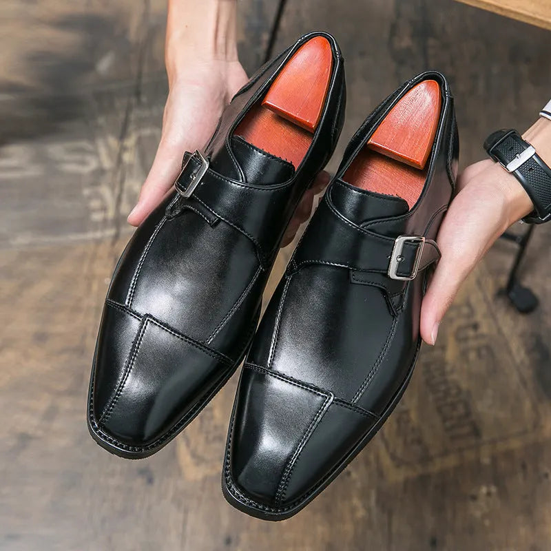 Men's British retro buckle casual shoes in black and brown blue colours with tall crown upper