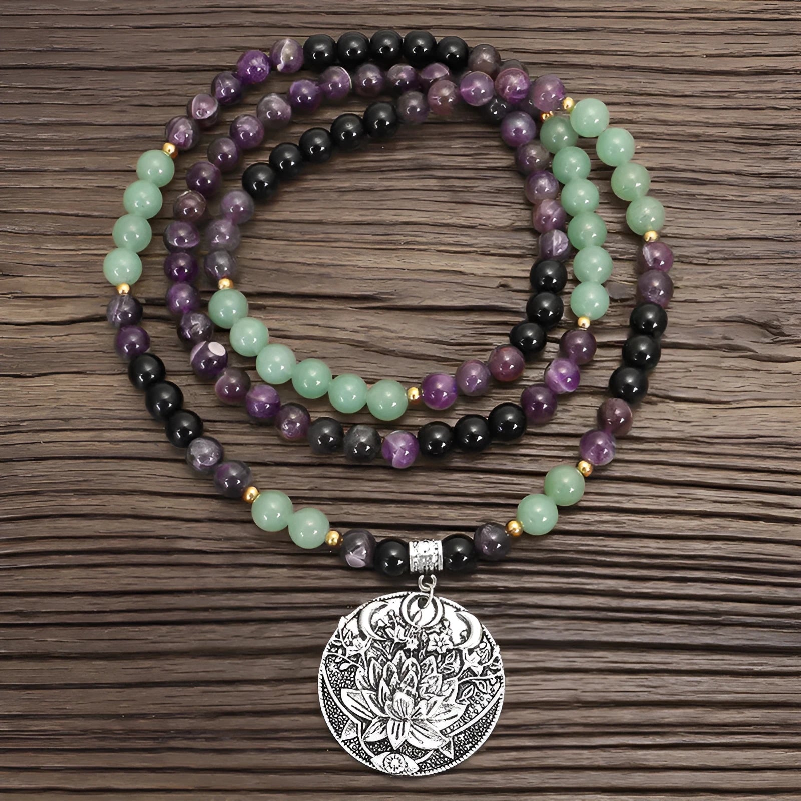 Yoga lotus pendant necklace with adjustable chain and matching bracelet set