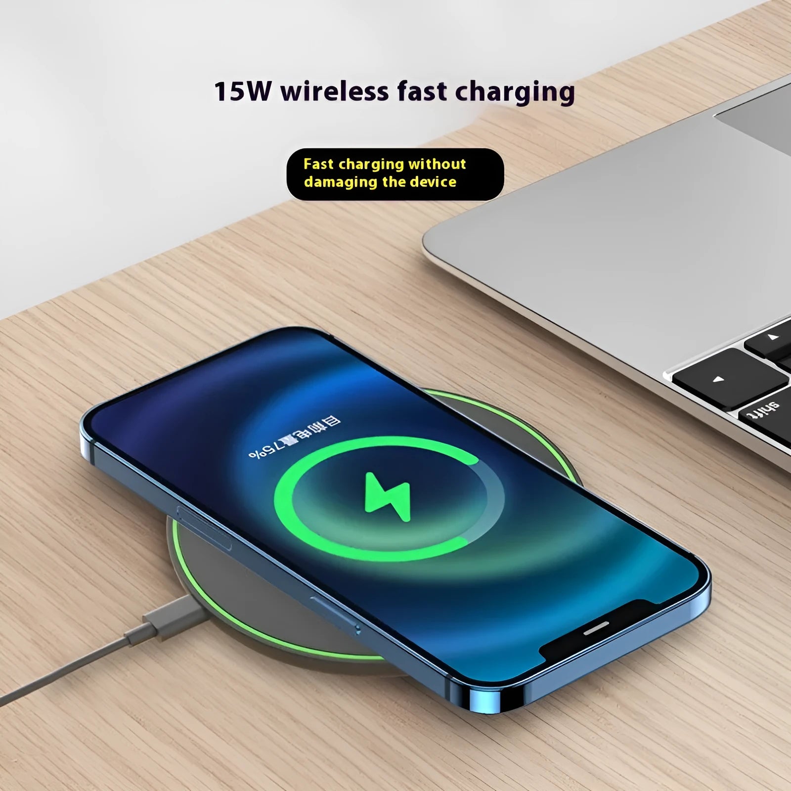 Ultra-thin round wireless charger in white with Type-C cable, 15W fast charging pad for desktop