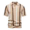 Breathable hollow mosaic pattern men's short-sleeved polo shirt in khaki, front view, on plain background