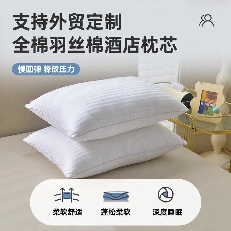 White feather pillow with cotton satin stripe pillowcase showing three size options