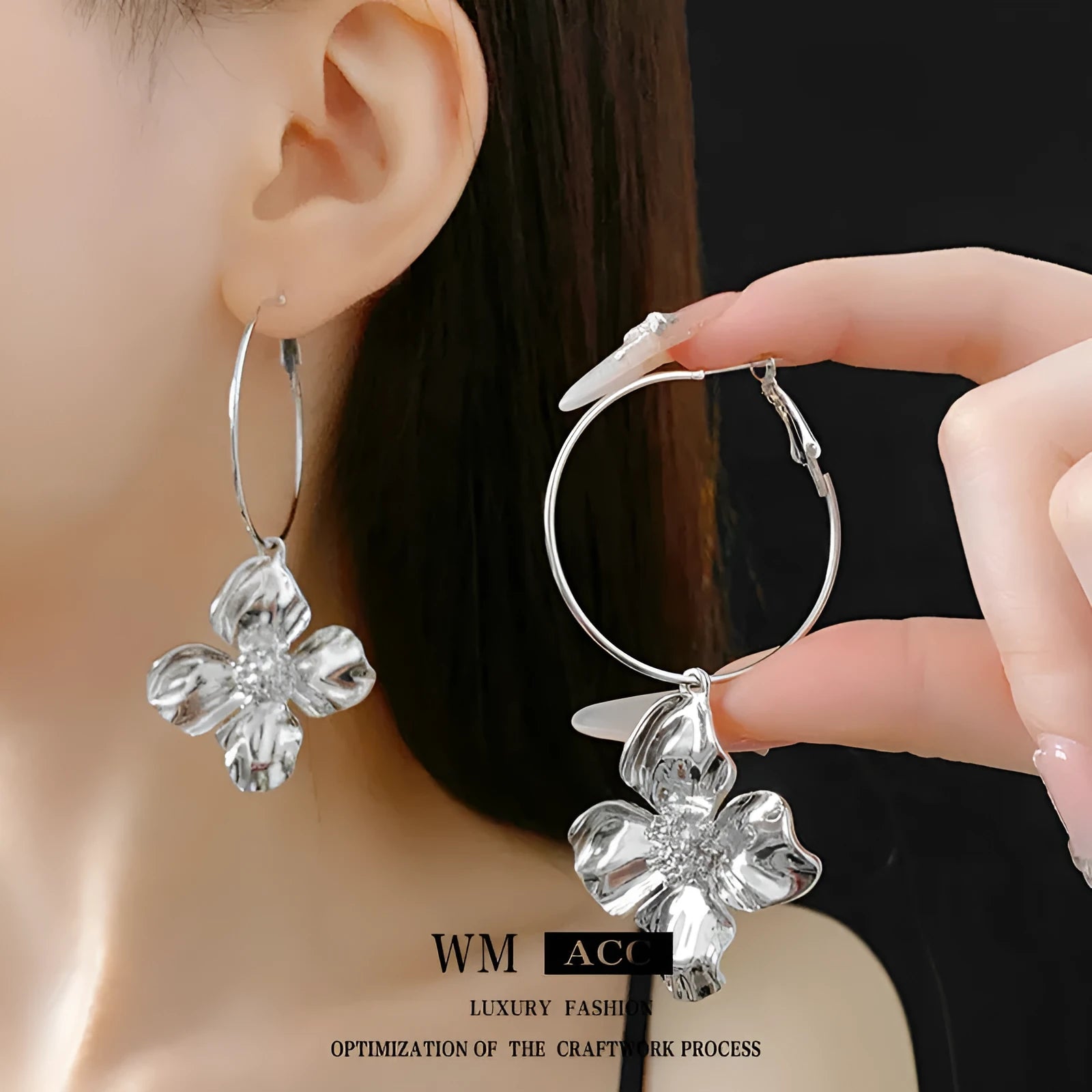 Silver needle drop metal flower earrings with geometric vintage design in gold and silver electroplated finishes