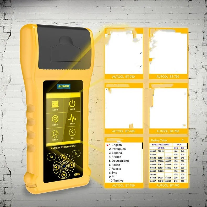 Autool BT760 colour screen vehicle battery tester with connection clips and printed diagnostic receipt